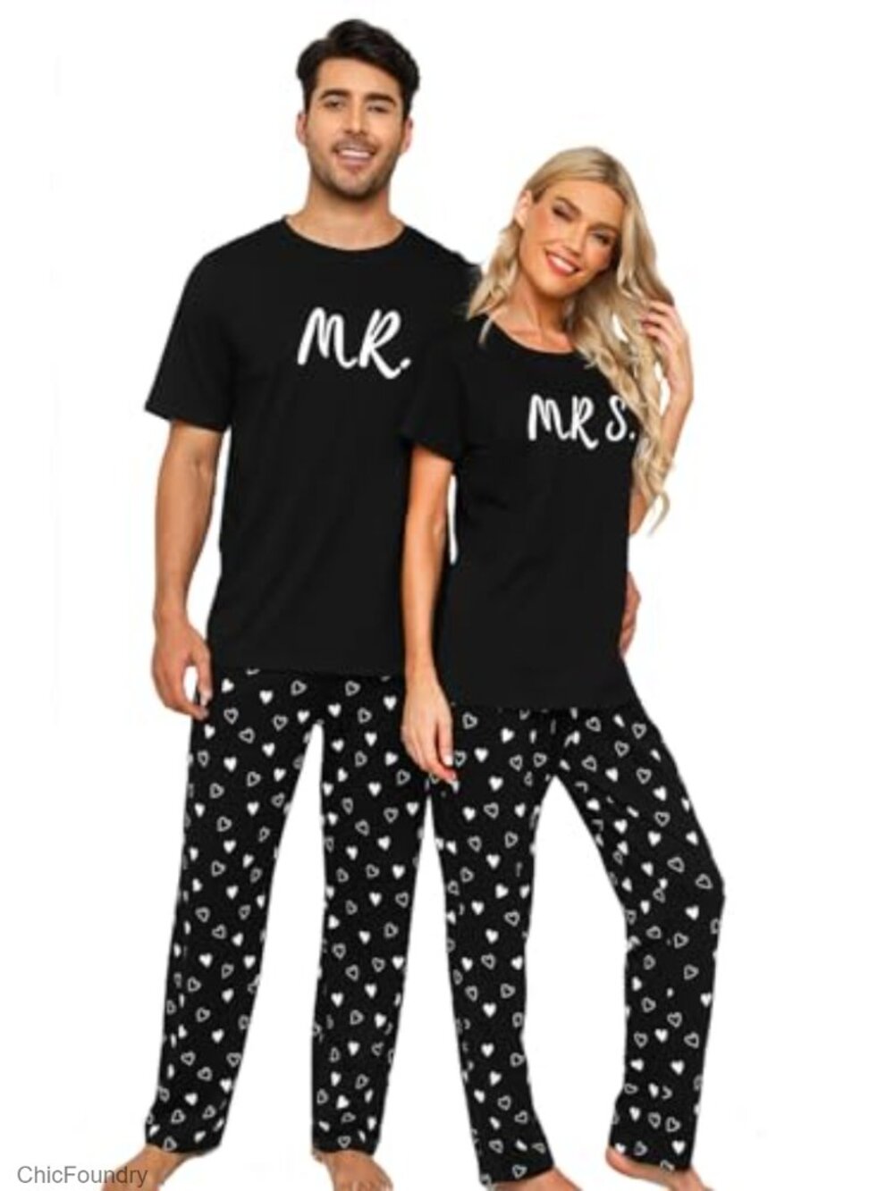 EISHOPEER Cotton Matching Couples Pajama Set Short Sleeve Top & Long Pants